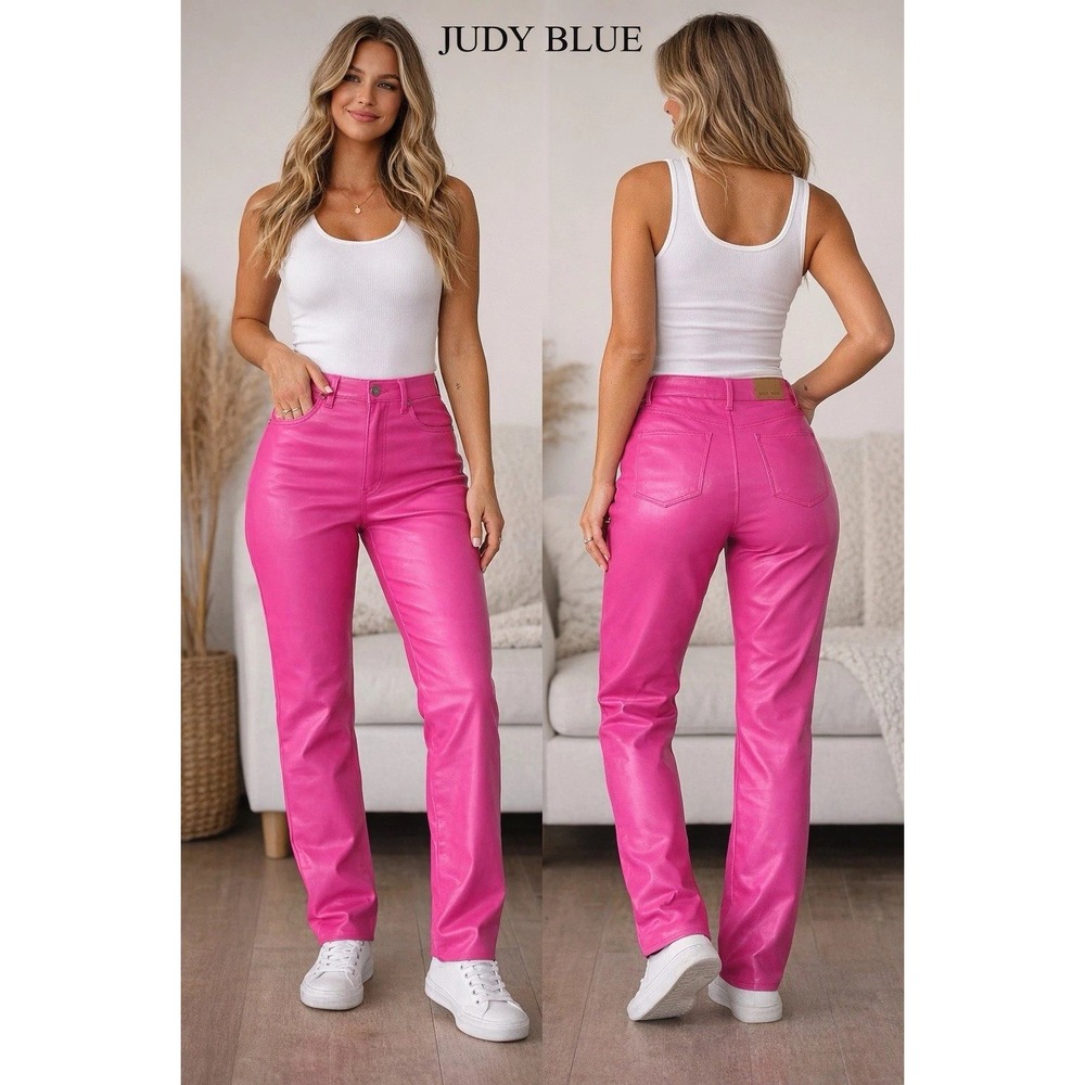 Judy Blue Pants Womens 34x29 Pink Faux Leather Straight Leg Barbiecor High Rise